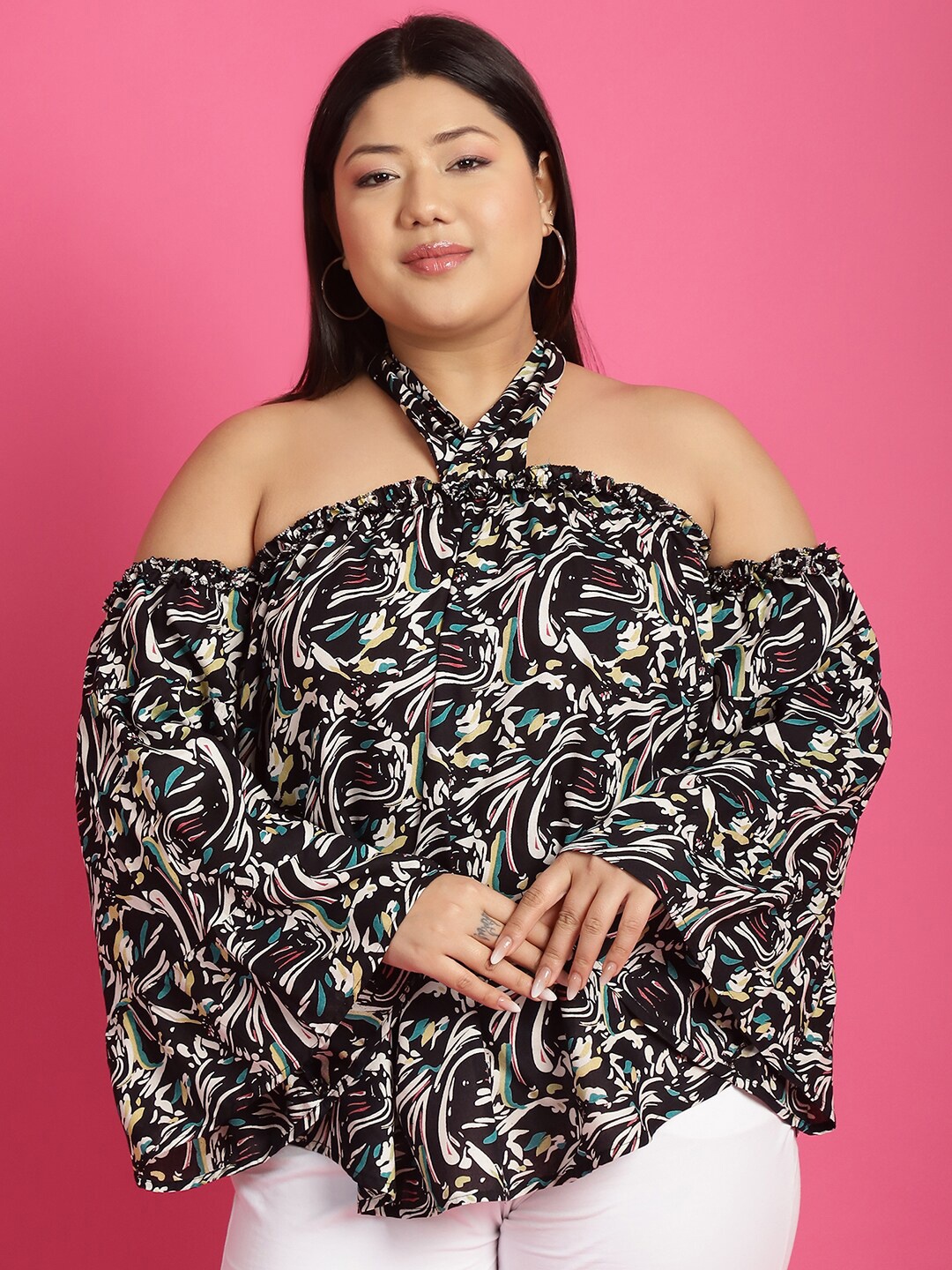 

theRebelinme Plus Size Abstract Printed Halter Neck Flared Sleeve Bardot Top, Black