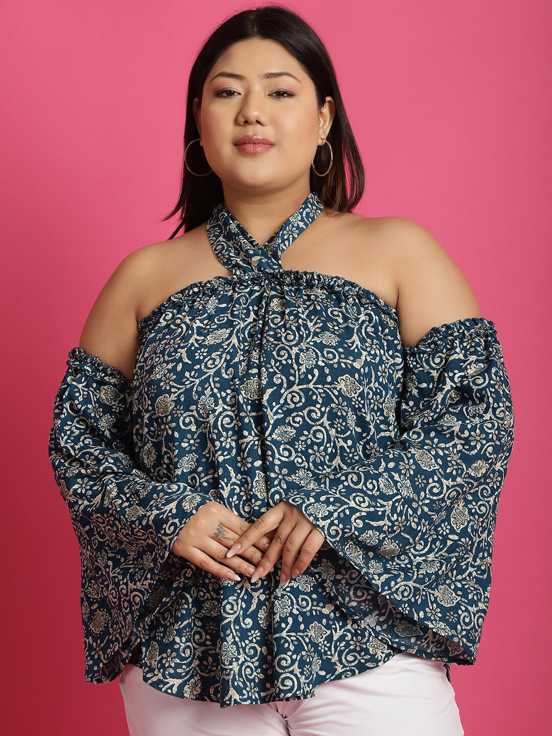 

theRebelinme Plus Size Floral Printed Halter Neck Flared Sleeve Bardot Top, Teal