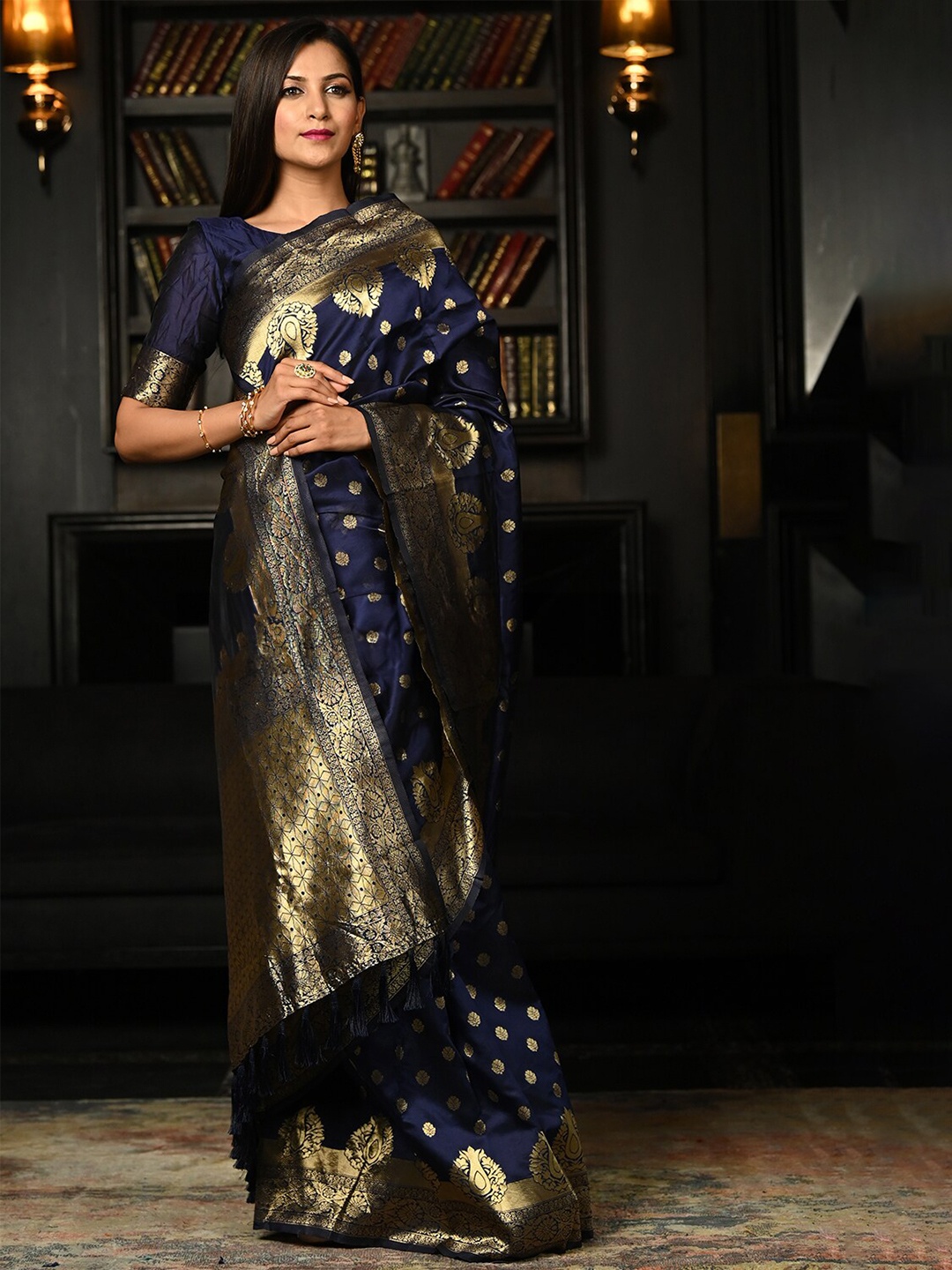 

KARAGIRI Ethnic Motif Woven Design Zari Banarasi Saree, Navy blue