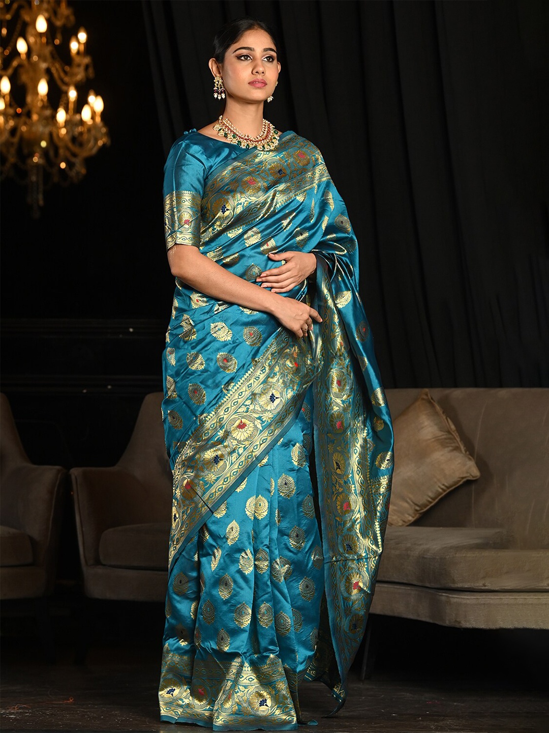 

KARAGIRI Ethnic Motifs Woven Design Zari Banarasi Saree, Blue