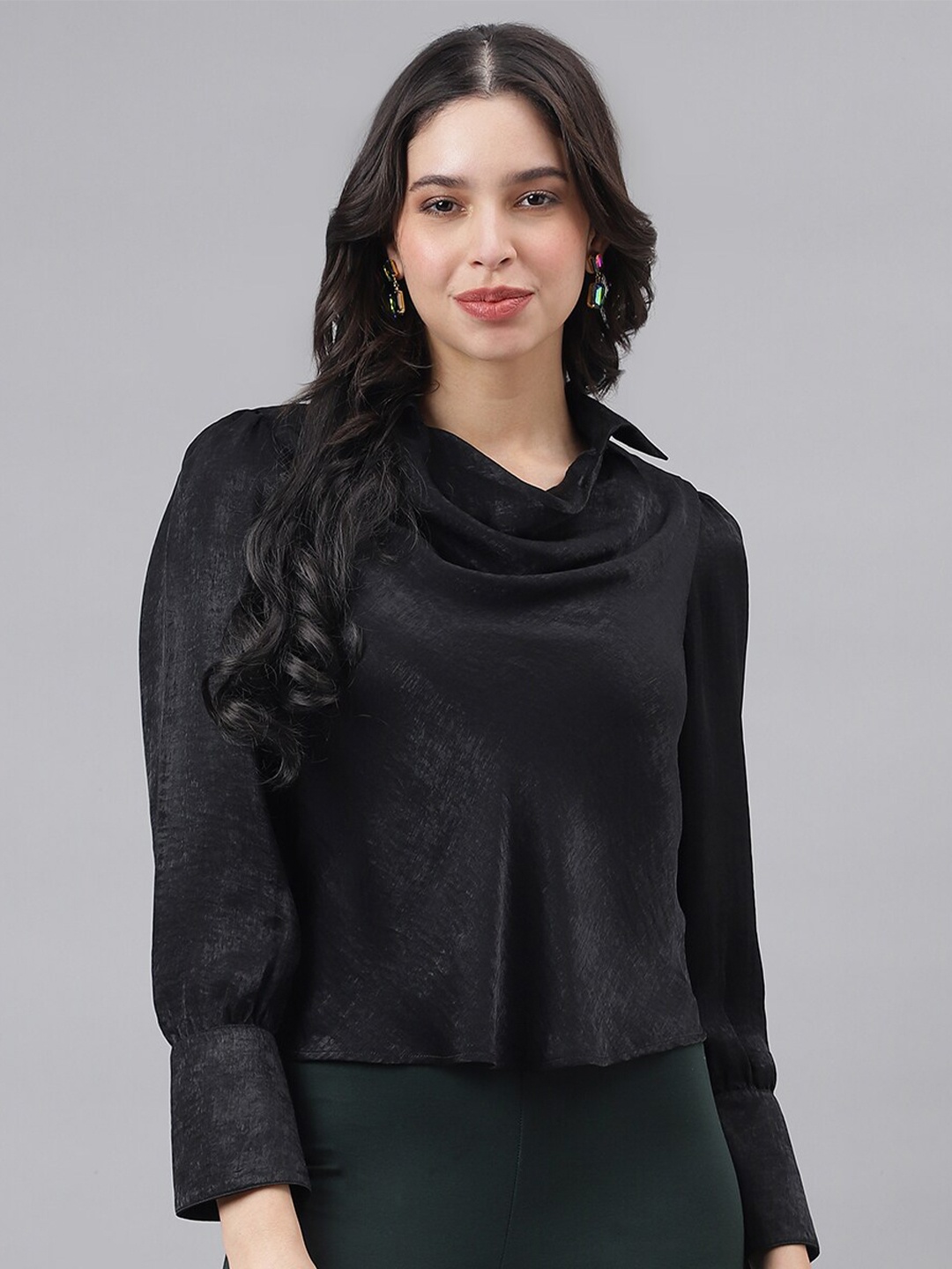 

Latin Quarters Cowl Neck Cuffed Sleeves Top, Black