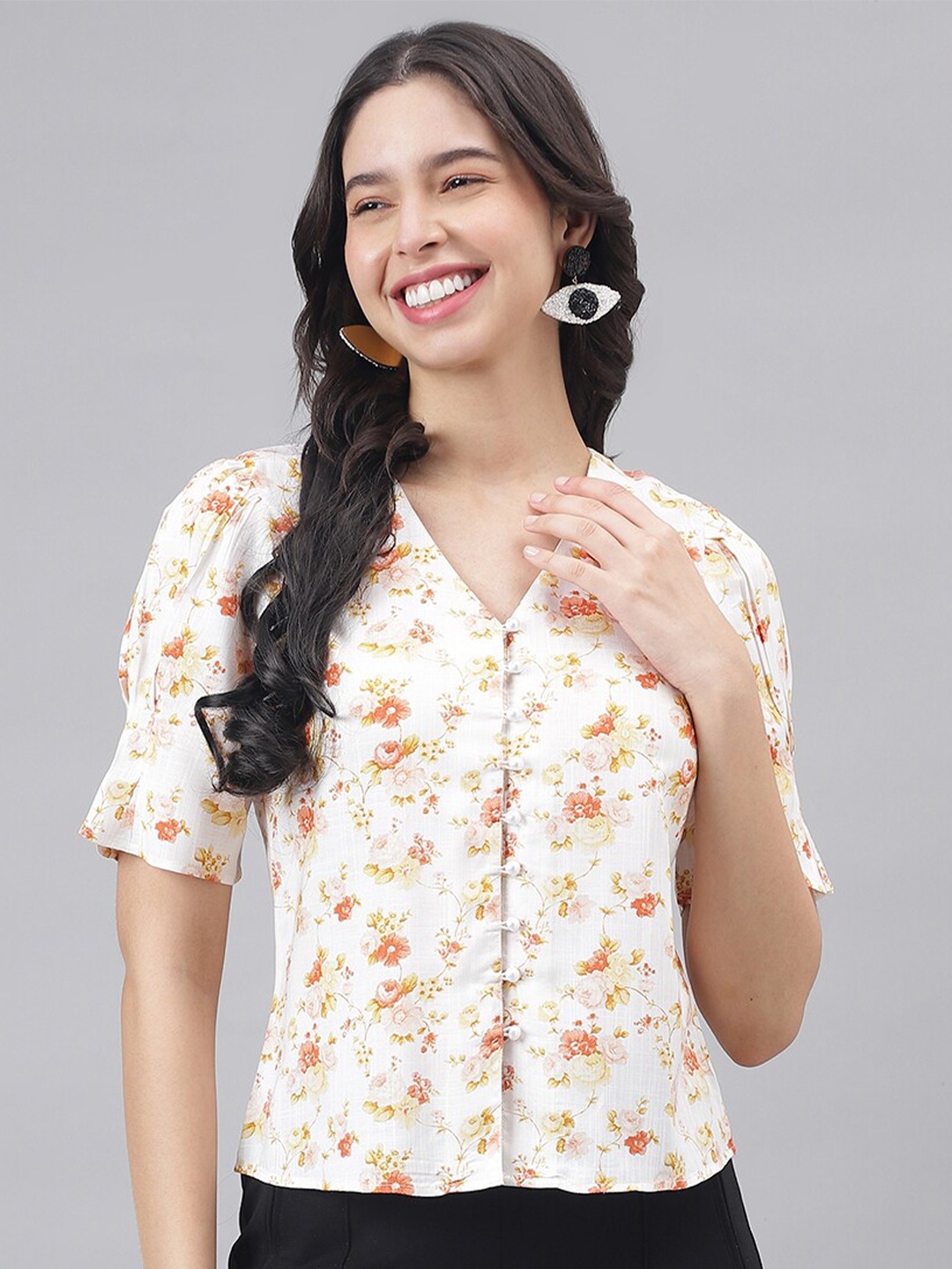 

Latin Quarters Floral Printed Puff Sleeve Shirt Style Top, Yellow