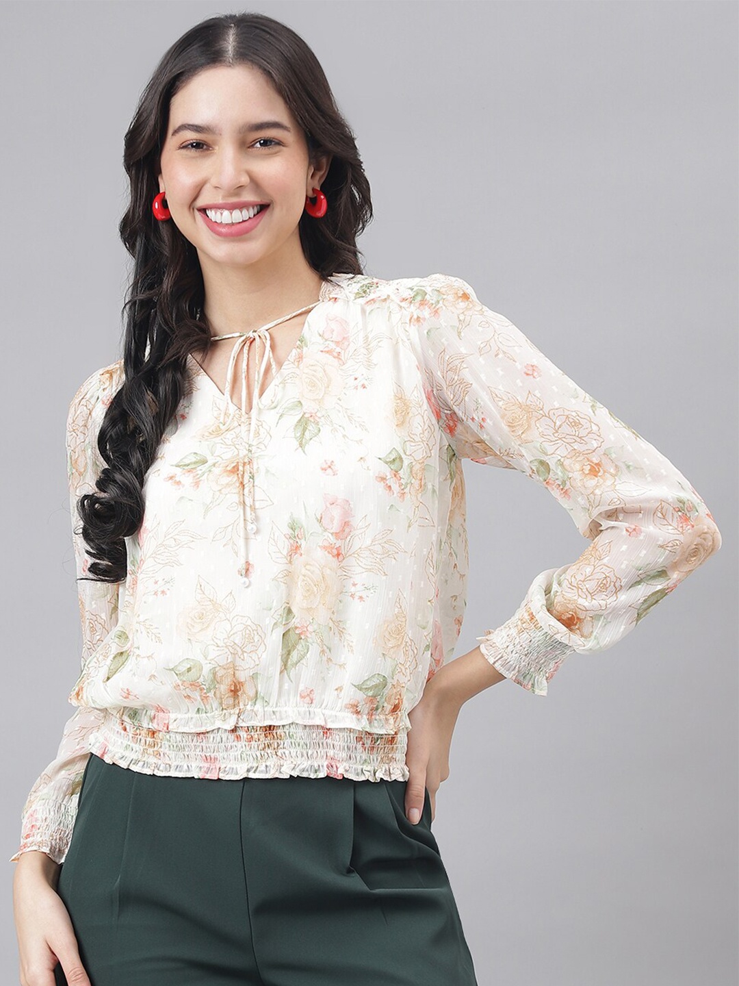 

Latin Quarters Floral Print Tie-Up Neck Cuff Sleeve Blouson Top, White