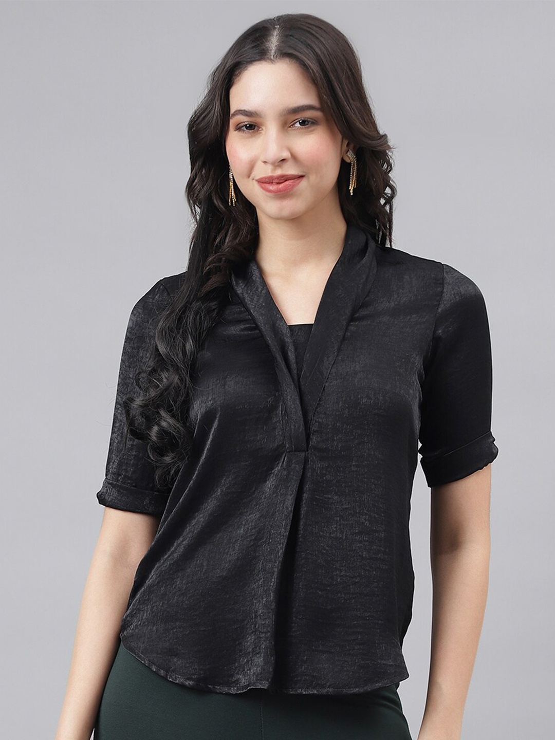 

Latin Quarters V-Neck Casual Satin Top, Black