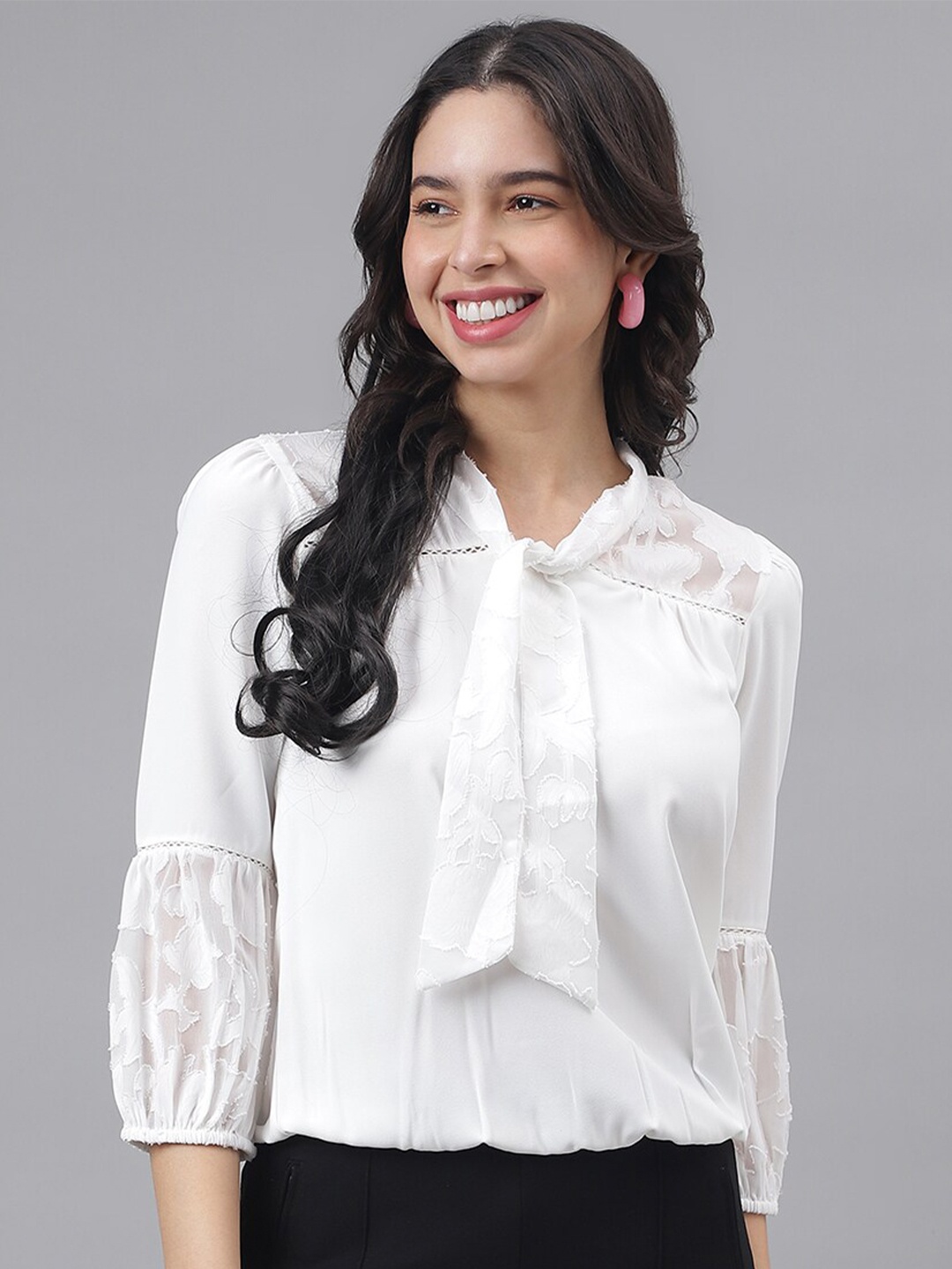 

Latin Quarters Tie-Up Neck Cuffed Sleeves Top, White