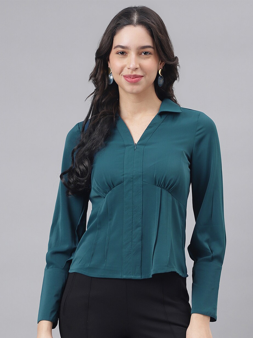 

Latin Quarters Shirt Collar Gathers and Pleats Crop Cuffed Sleeves Empire Top, Teal