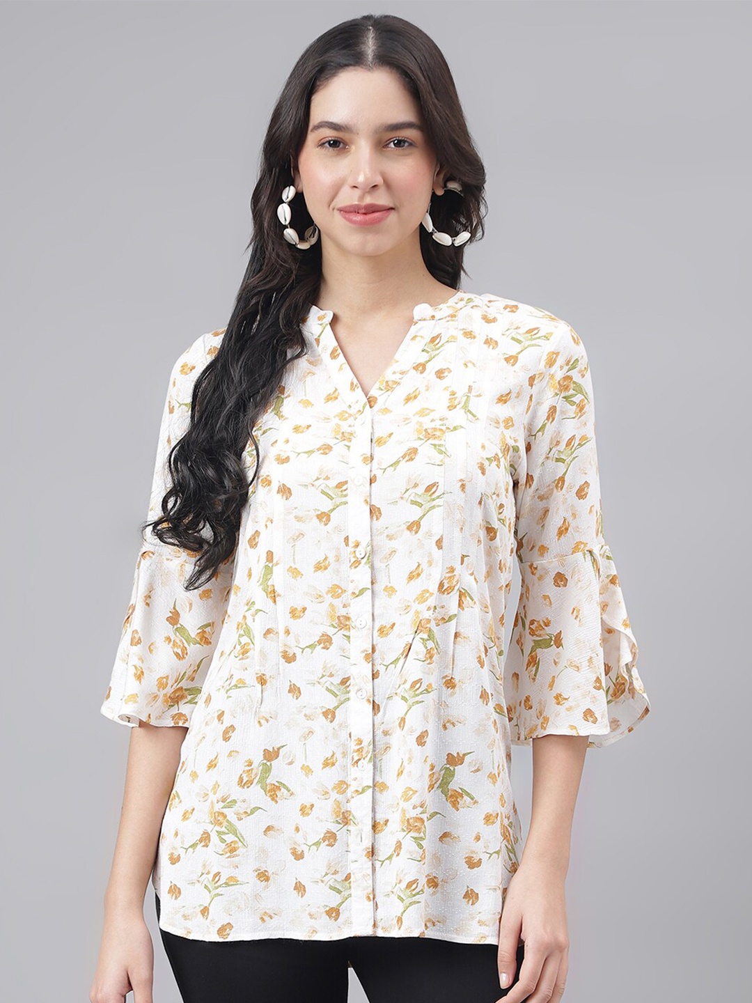 

Latin Quarters Floral Printed Mandarin Collar Bell Sleeves Shirt Style Top, Yellow