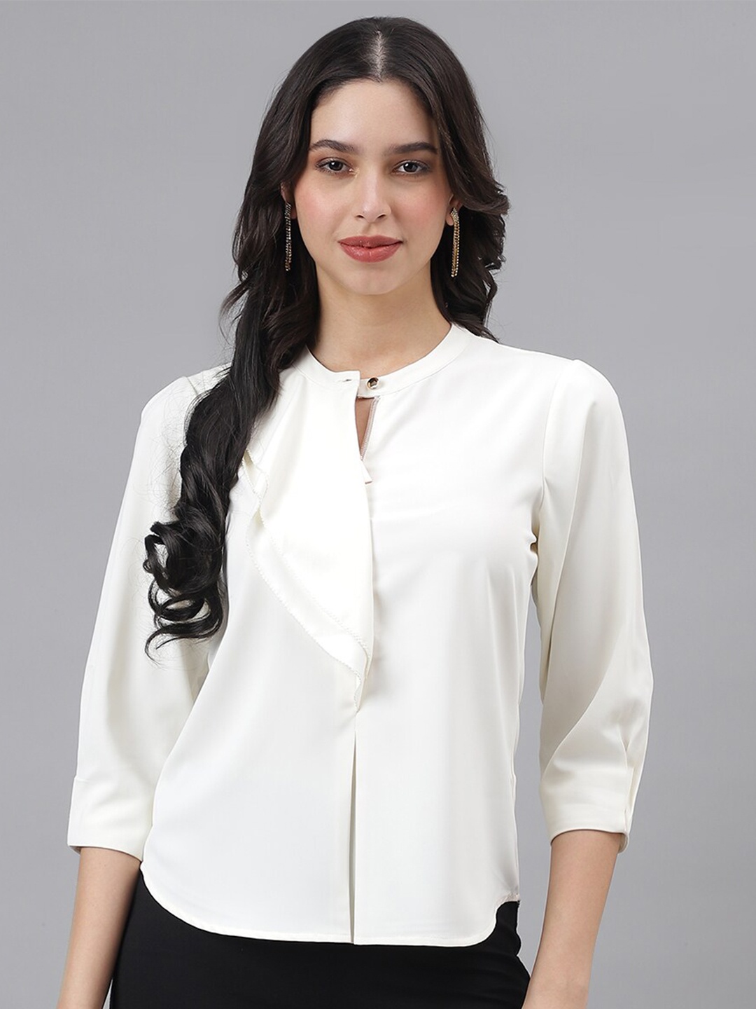 

Latin Quarters Mandarin Collar Cuffed Sleeves Shirt Style Top, White