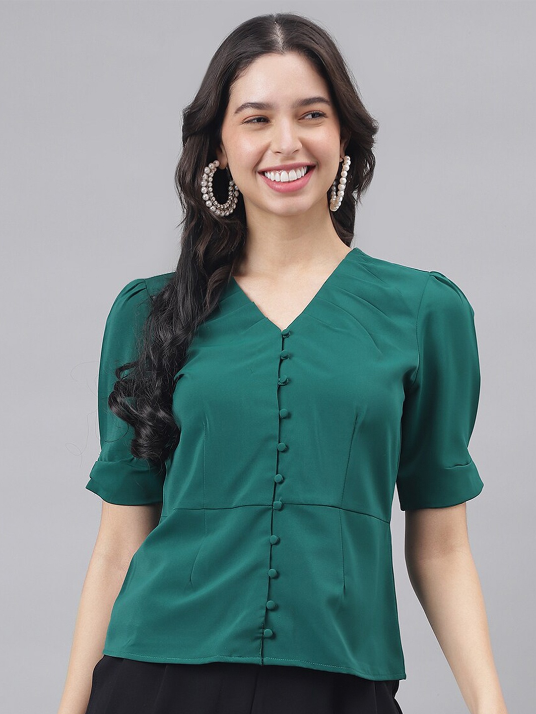 

Latin Quarters V-Neck Puff Sleeve Top, Green