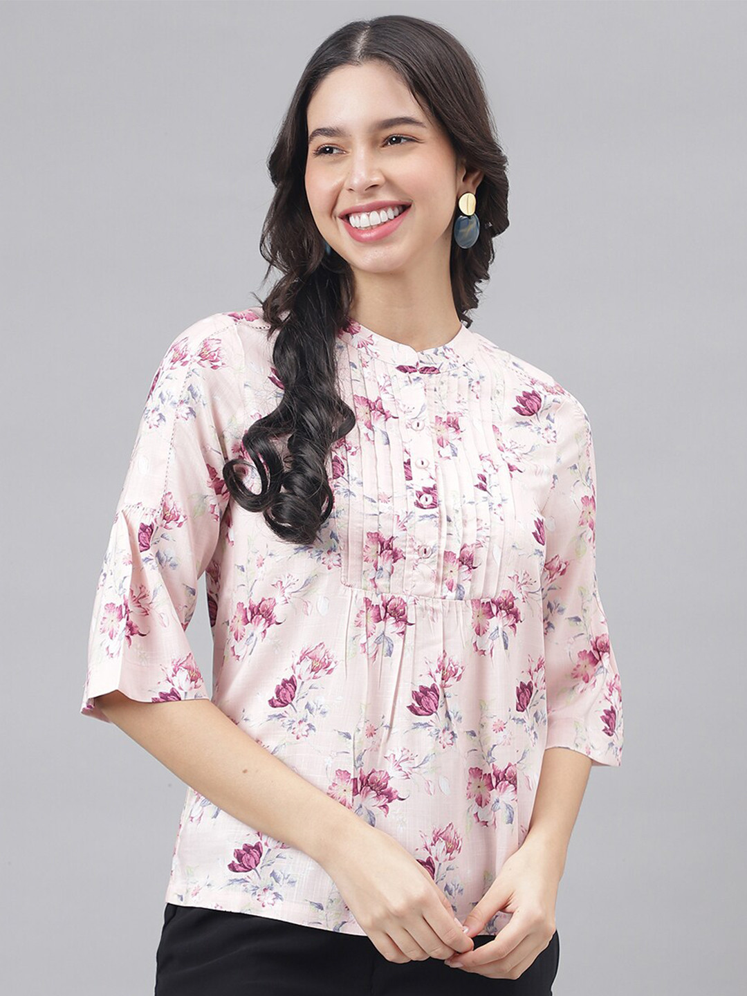 

Latin Quarters Floral Printed Mandarin Collar Top, Pink