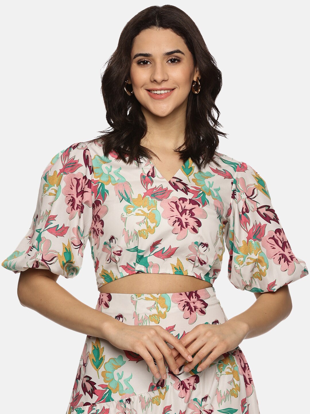 

ISU Floral Printed Puff Sleeves V-Neck Wrap Crop Top, White