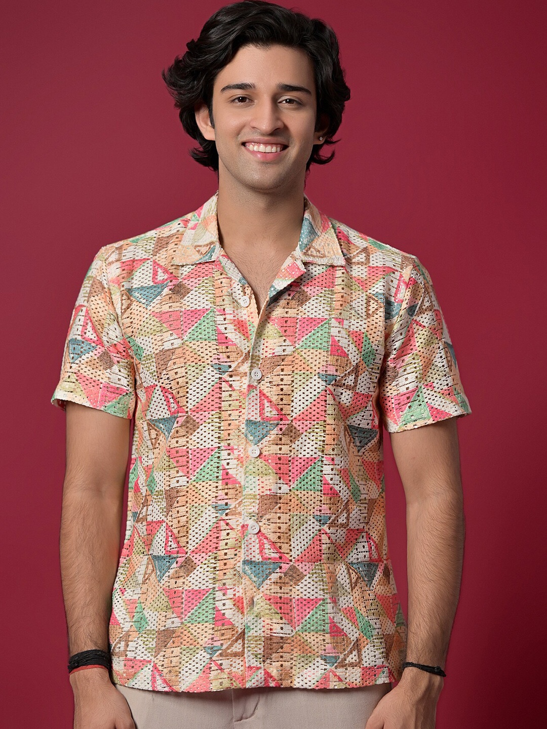 

PIRAMYD CLUB Geometric Printed Crochet Relaxed Semi Sheer Casual Shirt, Brown