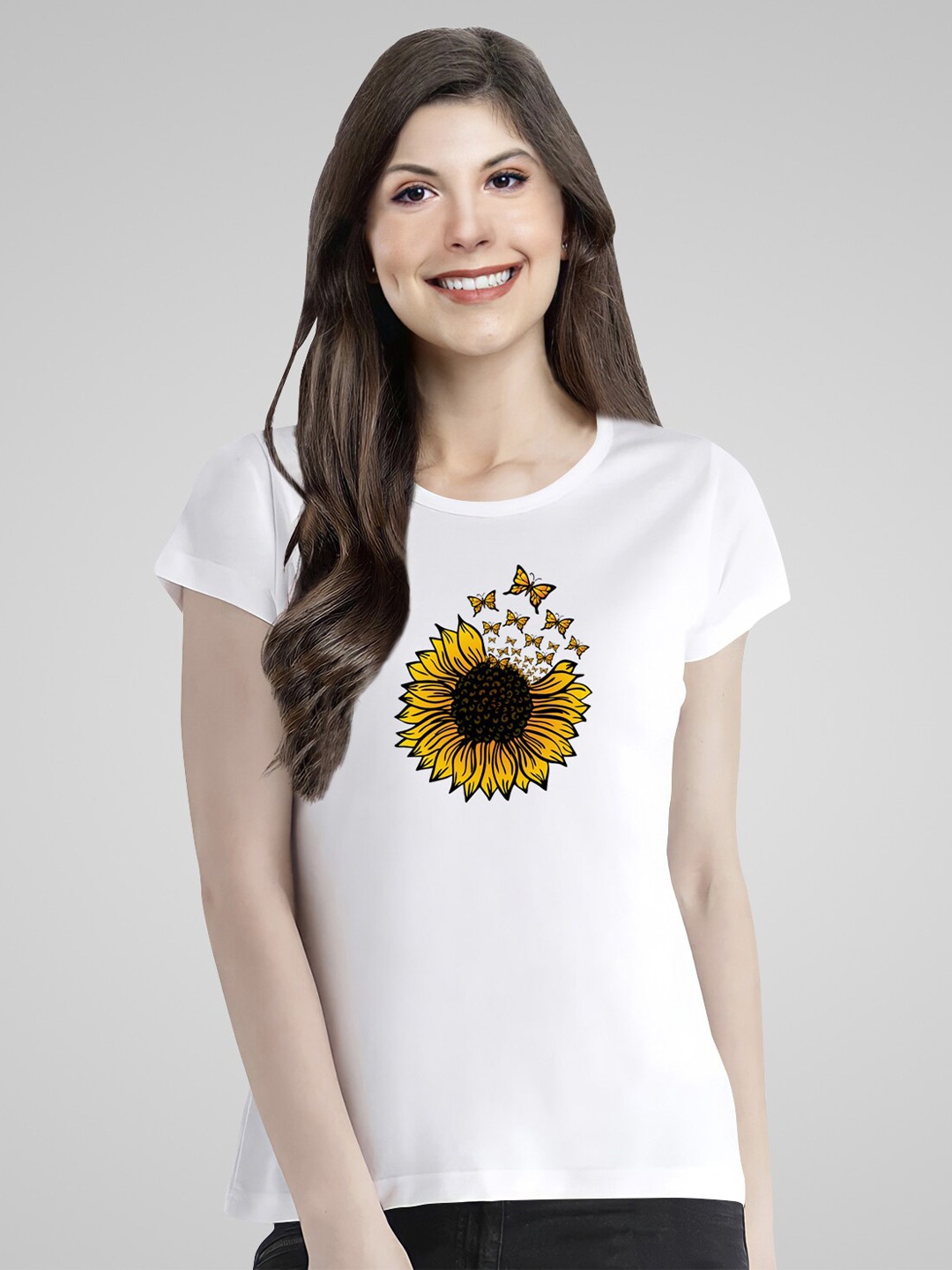 

Pootlu Floral Printed Round Neck Short Sleeves Cotton T-shirt, White