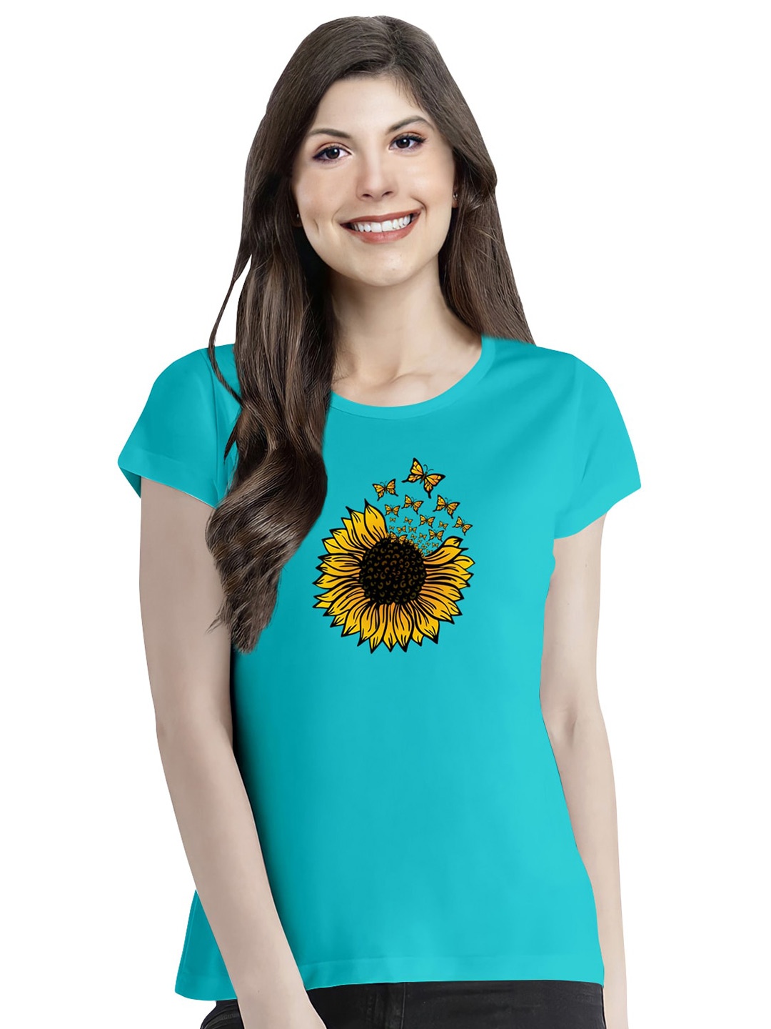 

Pootlu Floral Printed Round Neck Short Sleeves Cotton T-shirt, Blue