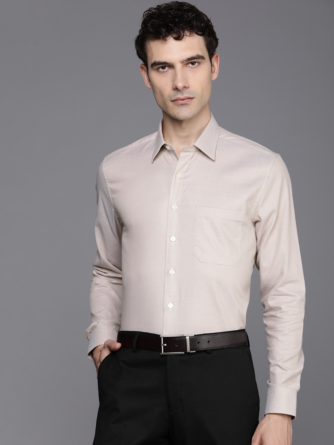 

Louis Philippe Pure Cotton Self Design Slim Fit Textured Formal Shirt, Beige