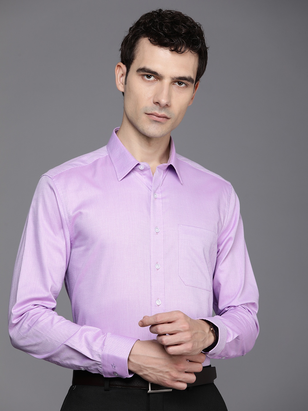 

Louis Philippe Pure Cotton Self Design Slim Fit Textured Formal Shirt, Purple