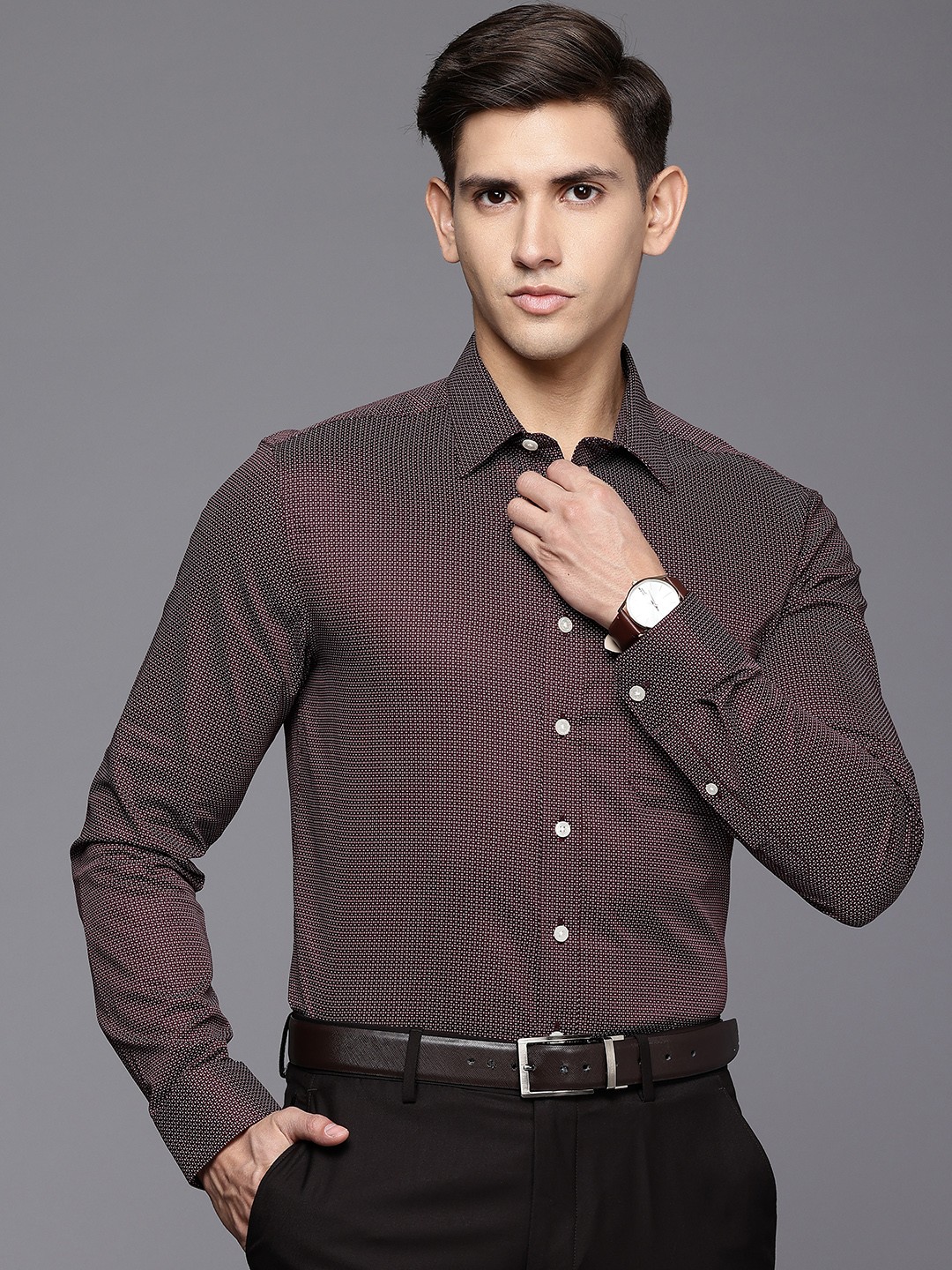 

Louis Philippe Pure Cotton Geometric Printed Slim Fit Formal Shirt, Brown