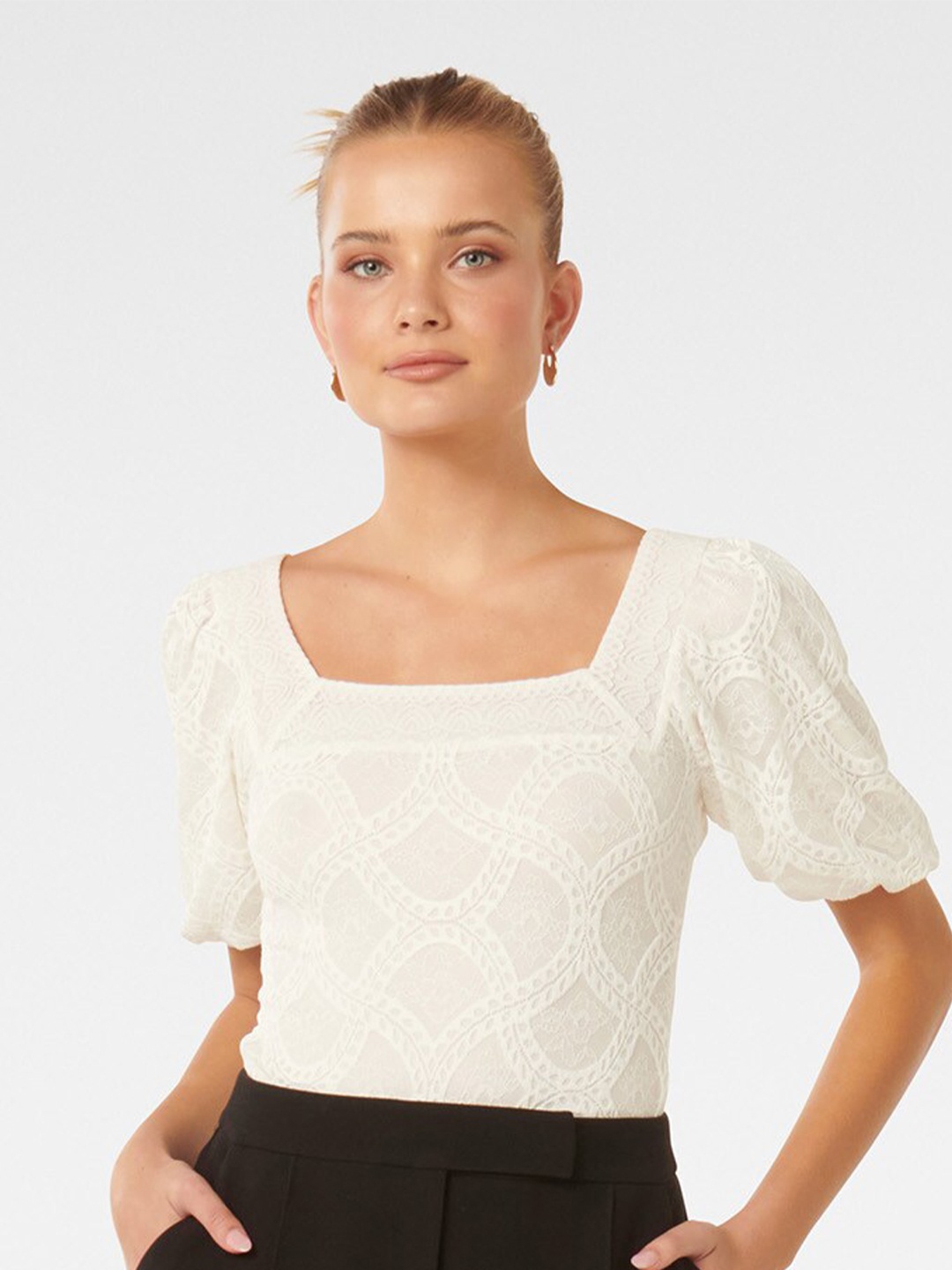 

Forever New Self Design Square Neck Puff Sleeve Top, White