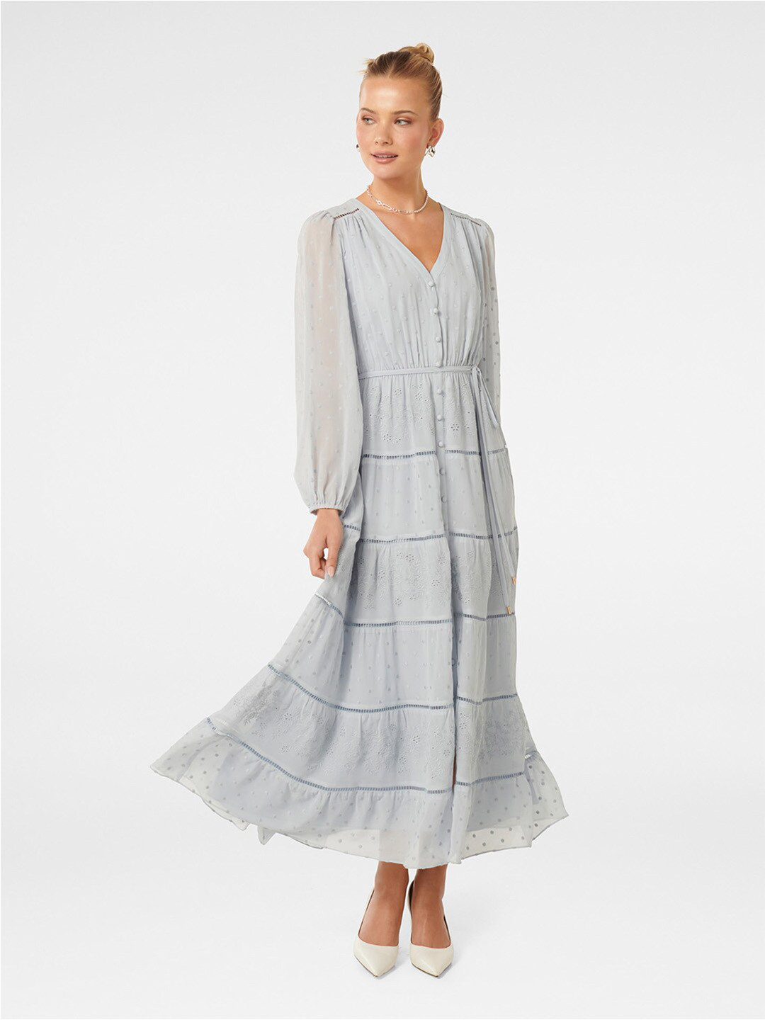 

Forever New Self Design Puff Sleeve Tiered Maxi Dress, Blue