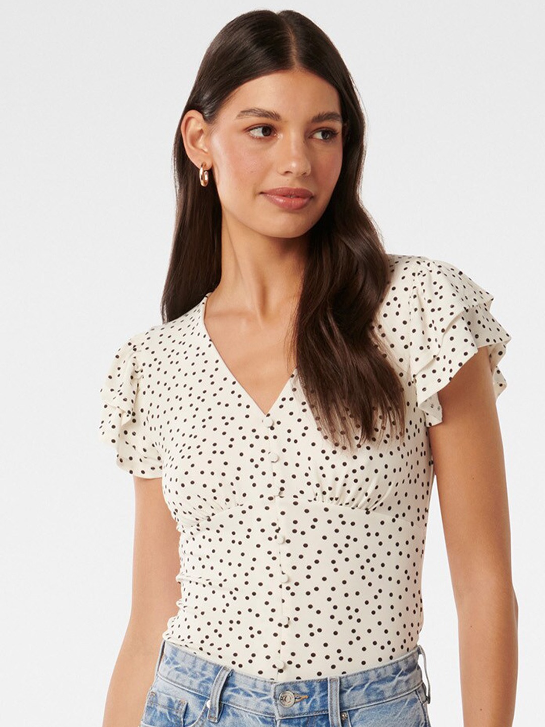

Forever New Polka Dot Printed Flutter Sleeve Top, White