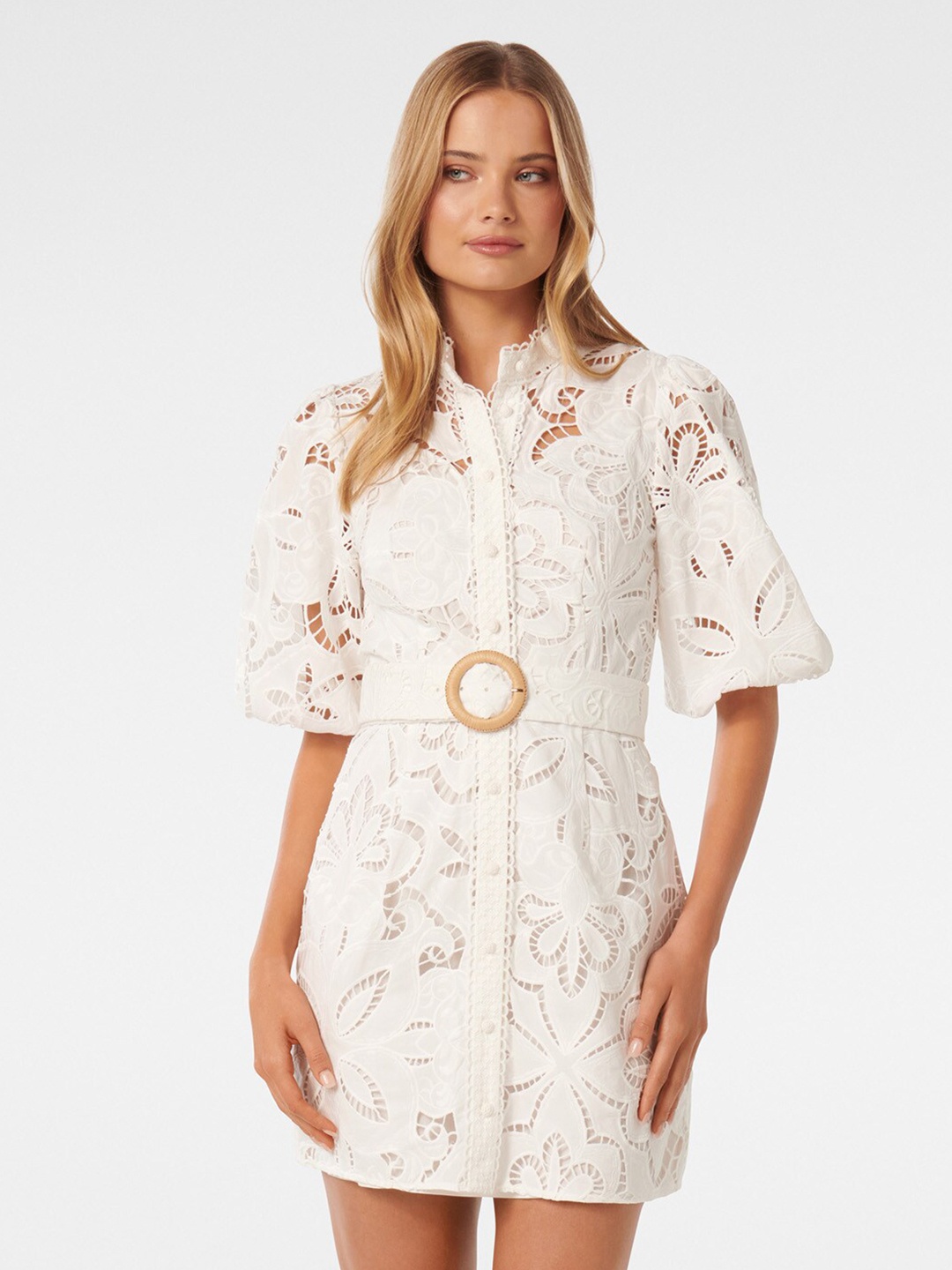 

Forever New Floral Self Design Pure Cotton Shirt Mini Dress With Belt, White