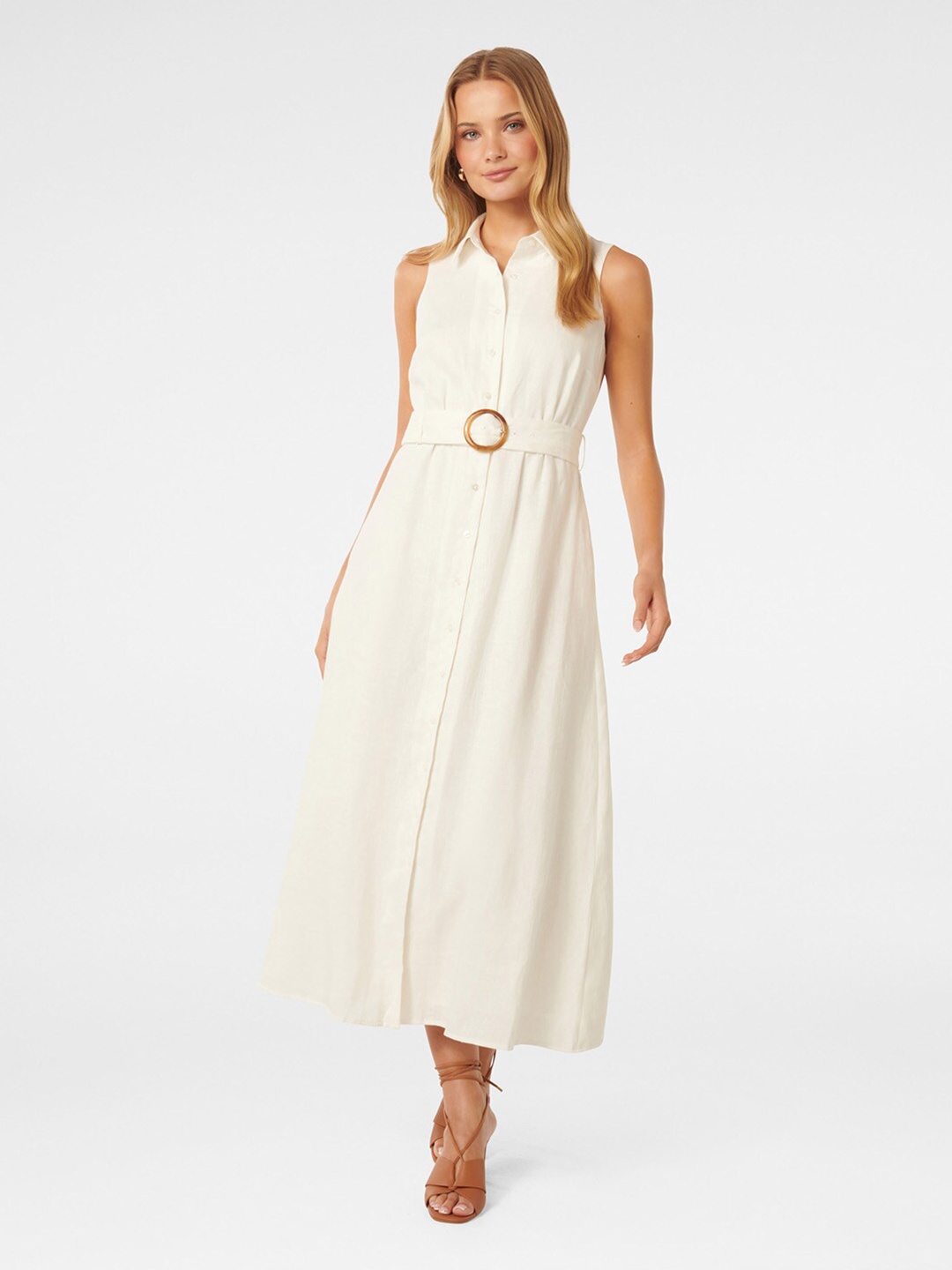 

Forever New Shirt Collar Sleeveless Shirt Style Midi Dress, White