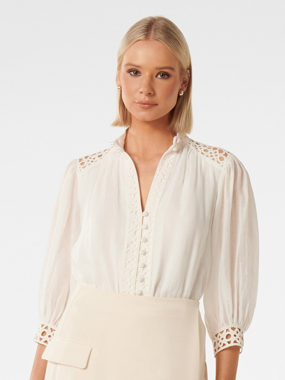 

Forever New Self Design Mandarin Collar Puff Sleeve Top, White