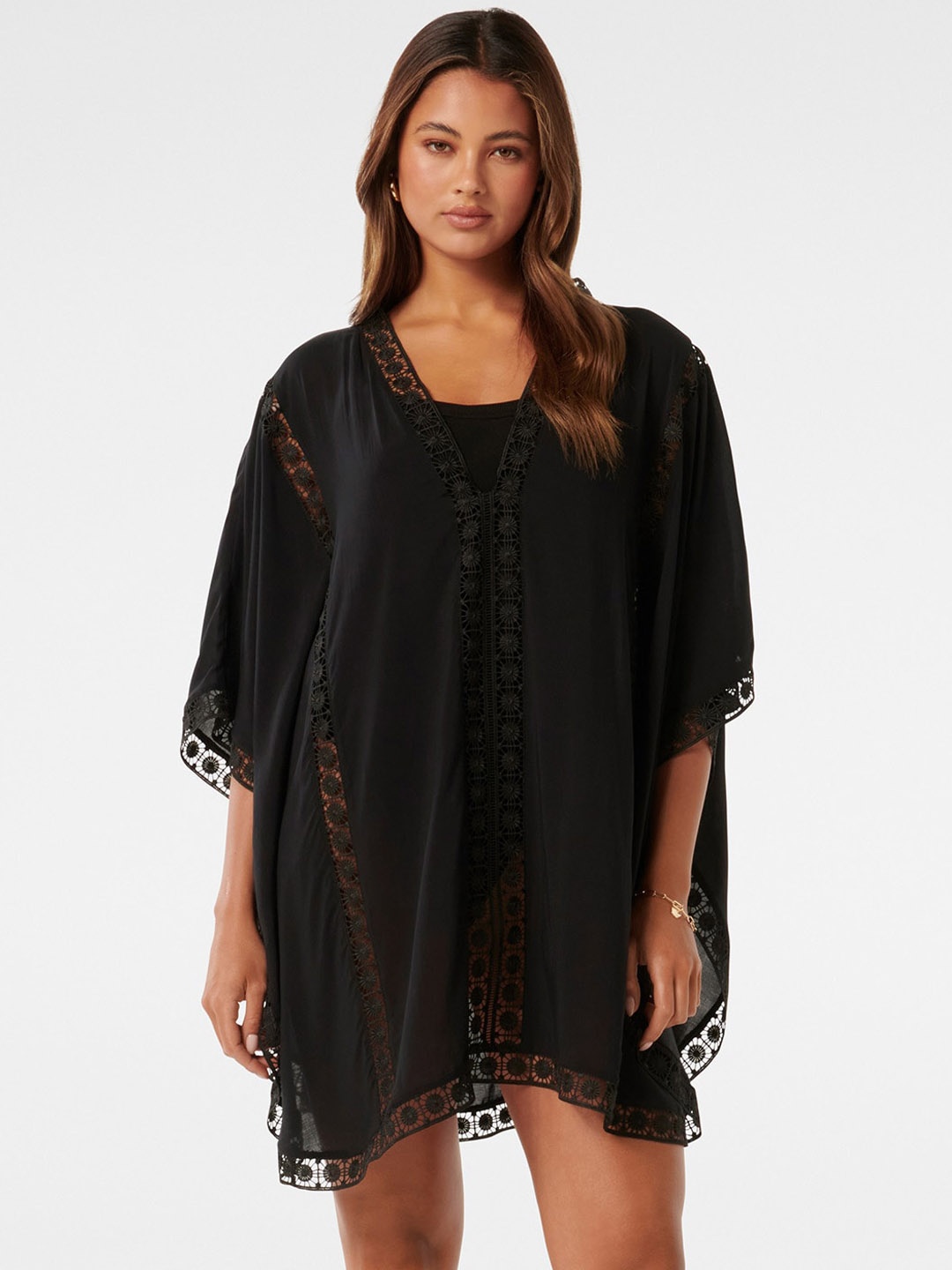 

Forever New Self Design V-Neck Swimwear Cover up Top, Black