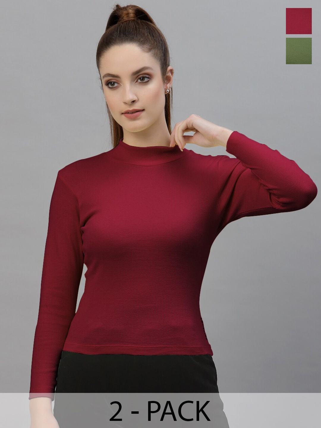 

Friskers Pack Of 2 Ribbed High Neck Long Sleeves Fitted Bio Wash Cotton Tops, Maroon