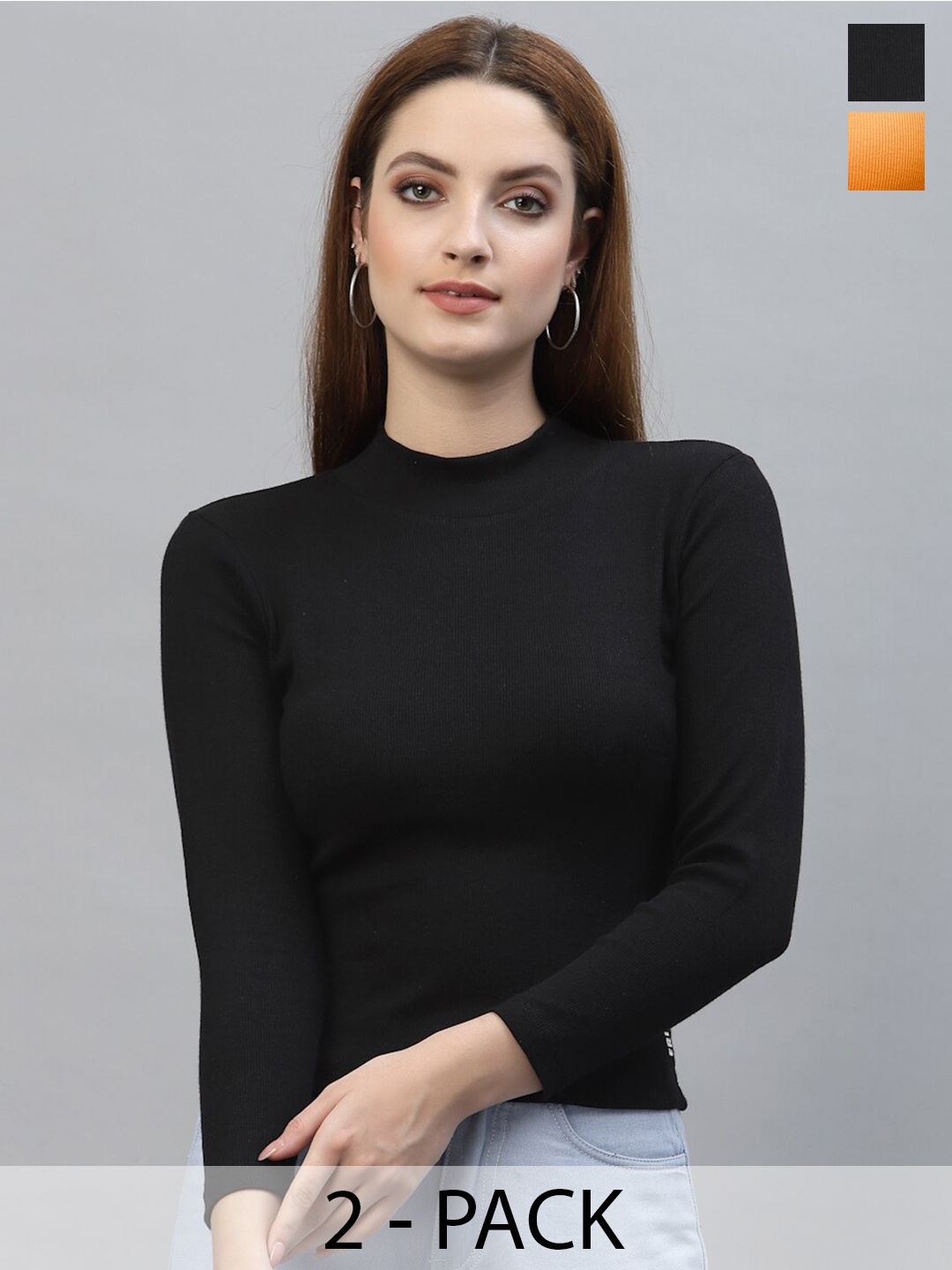 

Friskers Pack Of 2 Ribbed High Neck Long Sleeves Fitted Bio Wash Cotton Tops, Black