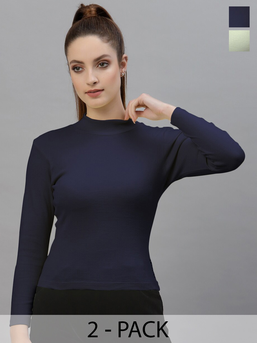 

Friskers Pack Of 2 Ribbed High Neck Long Sleeves Fitted Bio Wash Cotton Tops, Navy blue