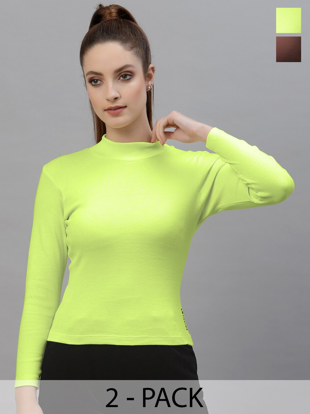 

Friskers Pack Of 2 High Neck Crop Fitted Top, Fluorescent green