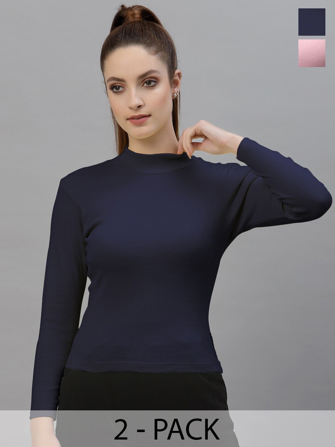 

Friskers Pack Of 2 High Neck Fitted Top, Navy blue