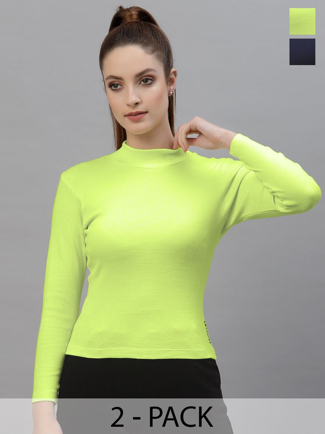 

Friskers Pack Of 2 Ribbed High Neck Long Sleeves Fitted Bio Wash Cotton Tops, Fluorescent green