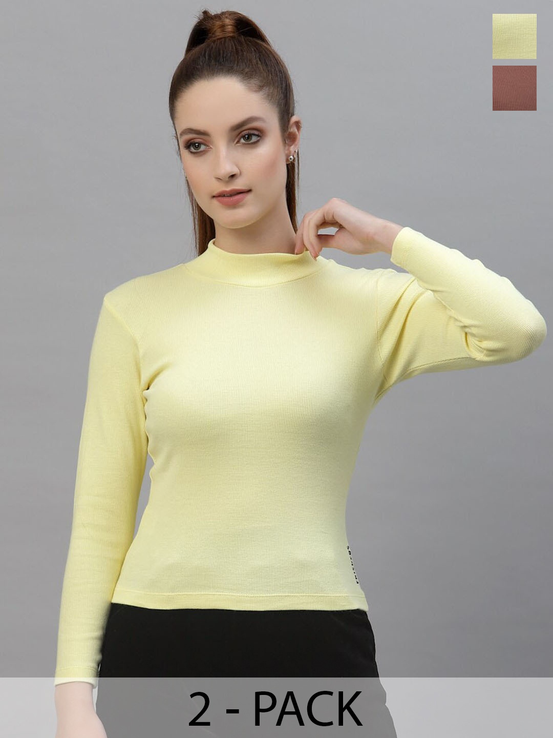

Friskers Pack Of 2 Ribbed High Neck Long Sleeves Fitted Bio Wash Cotton Tops, Yellow