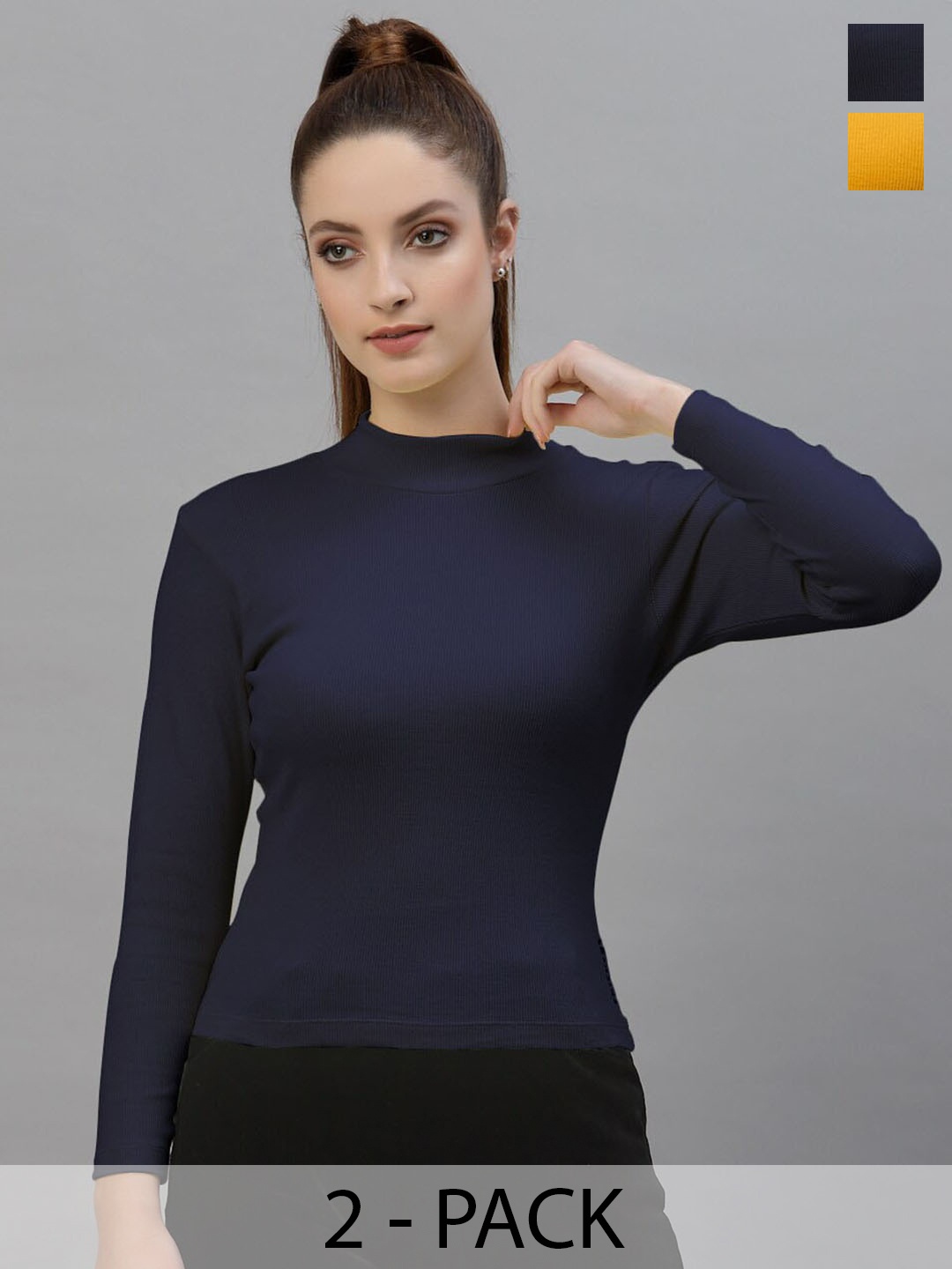 

Friskers Pack Of 2 High Neck Crop Fitted Top, Navy blue