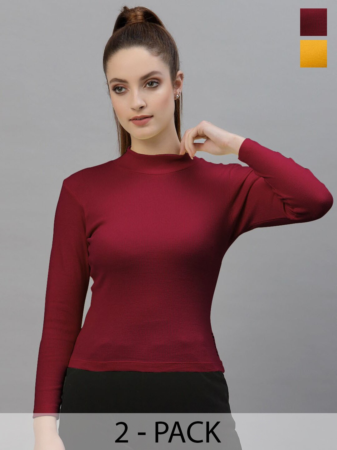 

Friskers Pack Of 2 Ribbed High Neck Long Sleeves Fitted Bio Wash Cotton Tops, Maroon