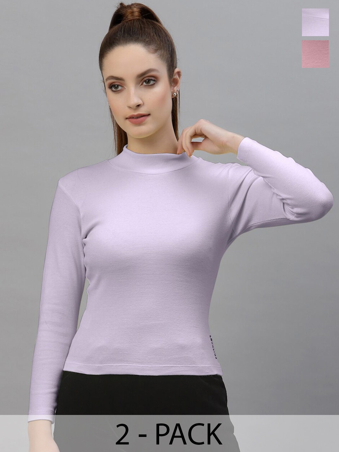 

Friskers Pack Of 2 Ribbed High Neck Long Sleeves Fitted Bio Wash Cotton Tops, Purple