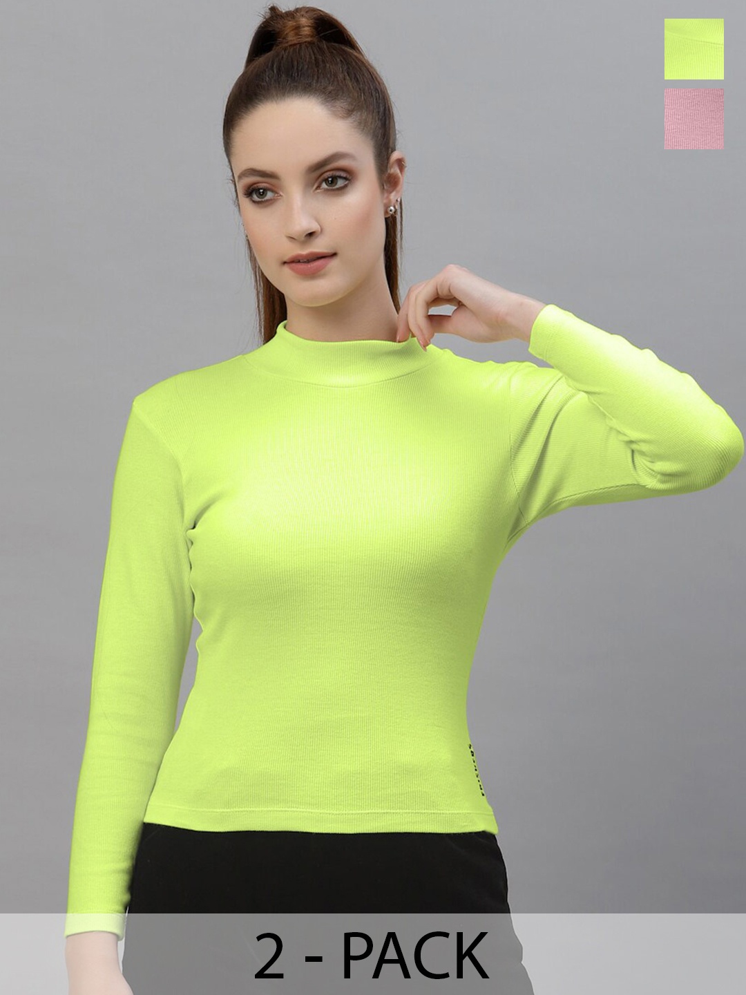 

Friskers Pack Of 2 Ribbed High Neck Long Sleeves Fitted Bio Wash Cotton Tops, Fluorescent green