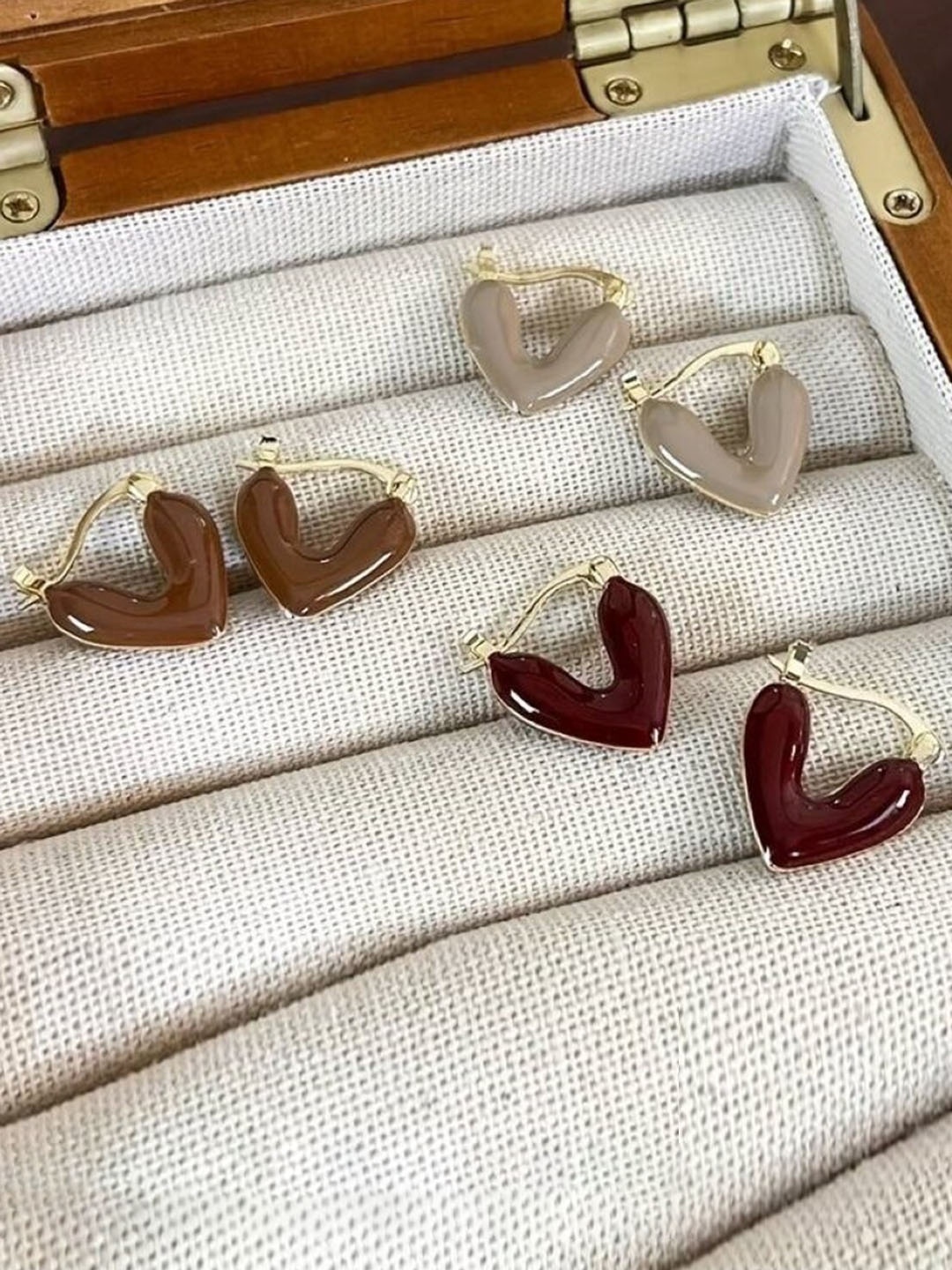 

EL REGALO Set Of 3 Alloy Heart Shaped Hoop Earrings, Red