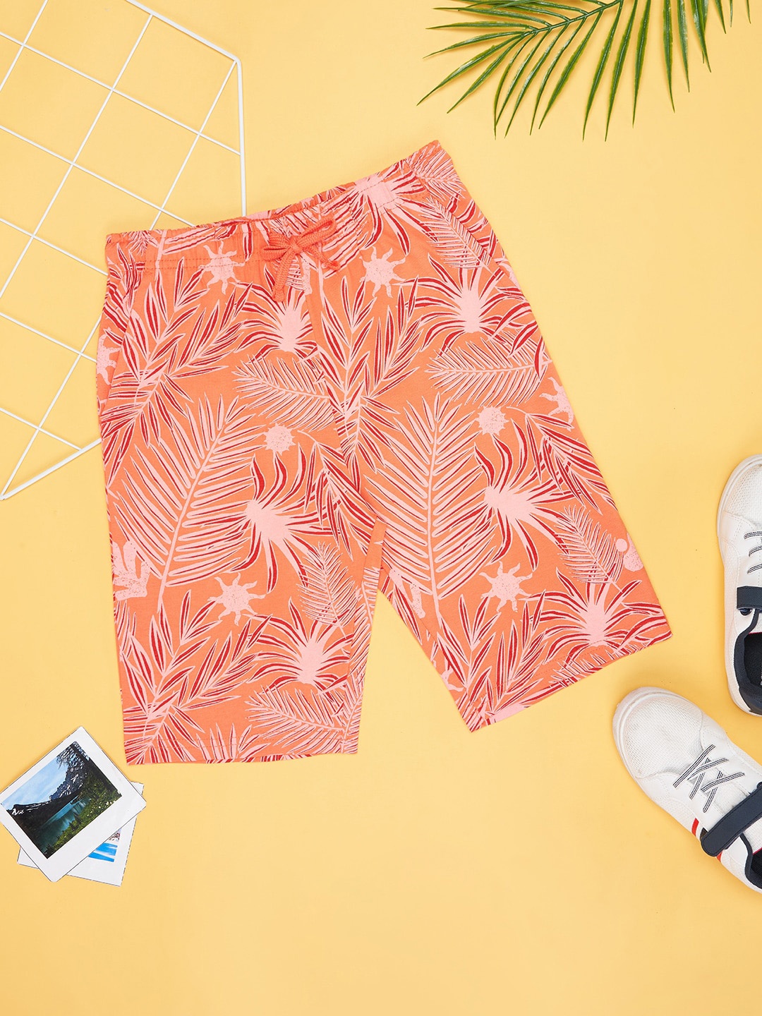 

Pantaloons Junior Boys Floral Printed Mid-Rise Cotton Shorts, Peach