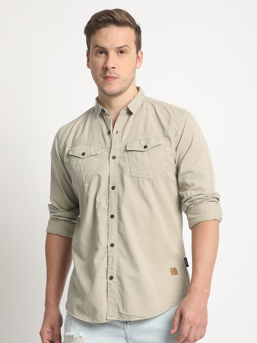 

The Roadster Lifestyle Co. Spread Collar Pure Cotton Slim-Fit Shirt, Beige