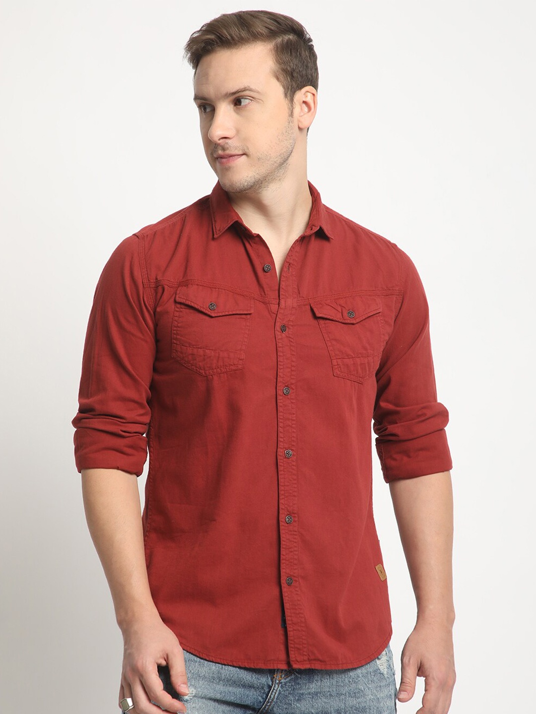 

The Roadster Lifestyle Co. Slim-Fit Spread Collar Casual Pure Cotton Shirt, Red