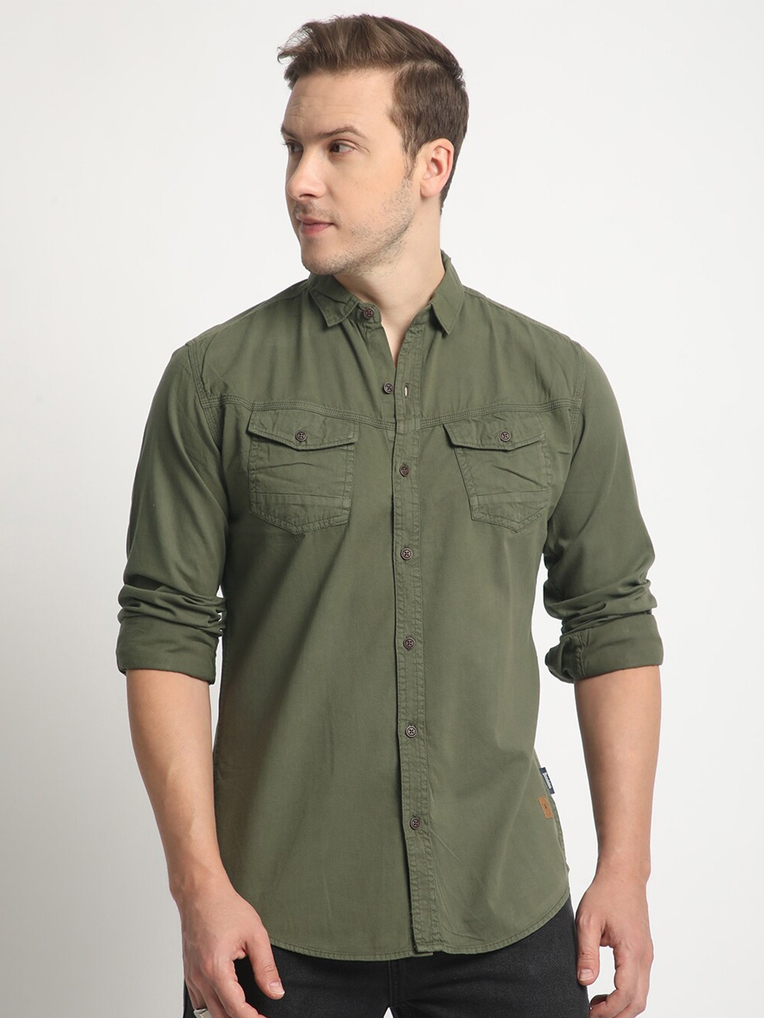 

The Roadster Lifestyle Co. Slim-Fit Spread Collar Casual Pure Cotton Shirt, Olive