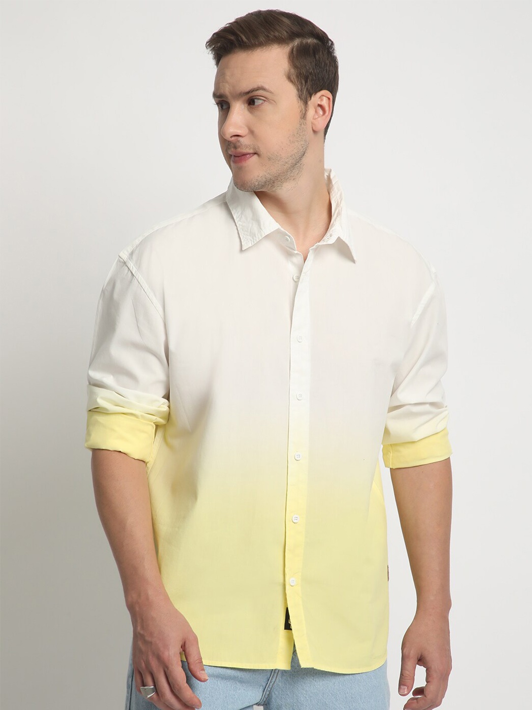 

The Roadster Lifestyle Co. Ombre Dyed Pure Cotton Oversized Shirt, Yellow