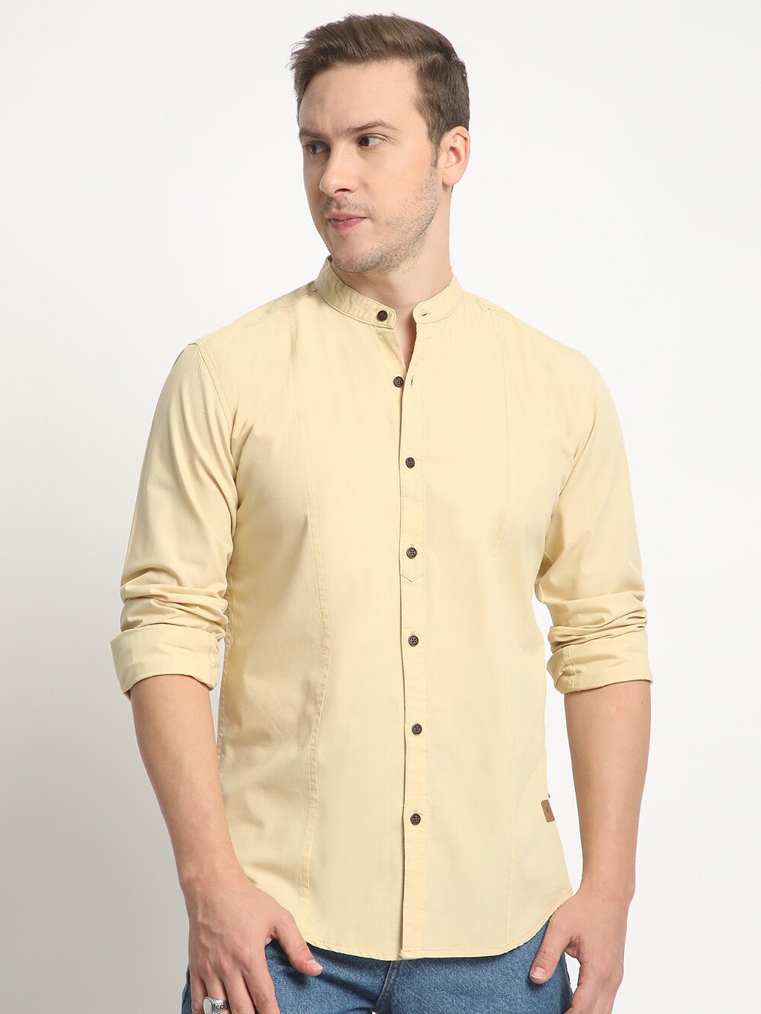 

The Roadster Lifestyle Co. Slim-Fit Band Collar Casual Pure Cotton Shirt, Beige