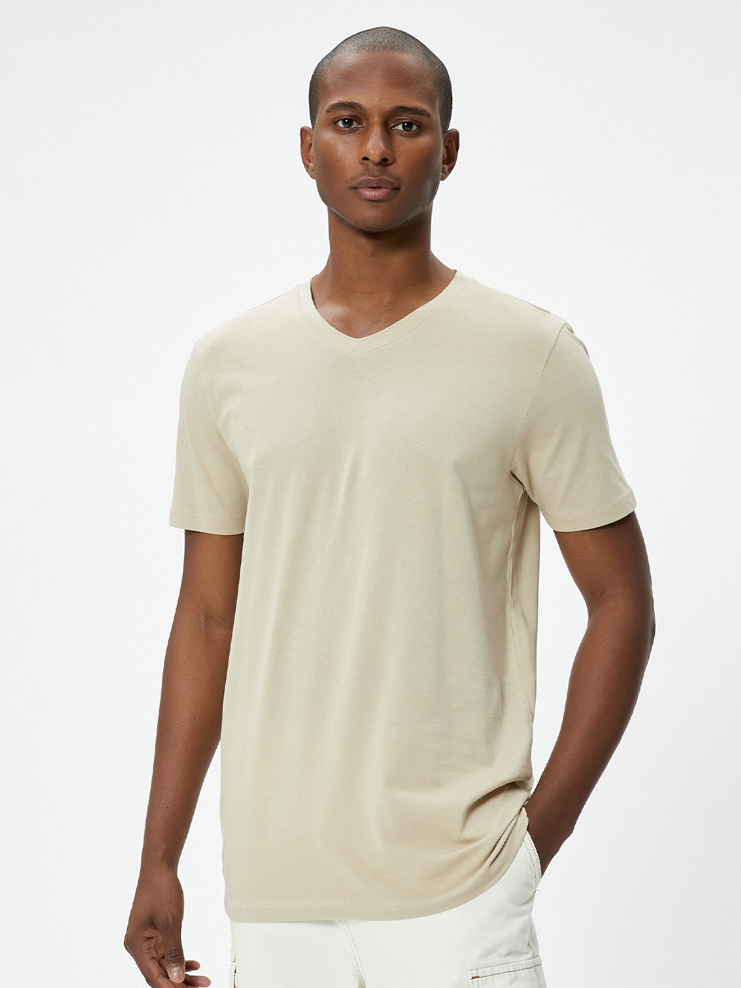 

Koton V-Neck Cotton Slim Fit T-shirt, Beige
