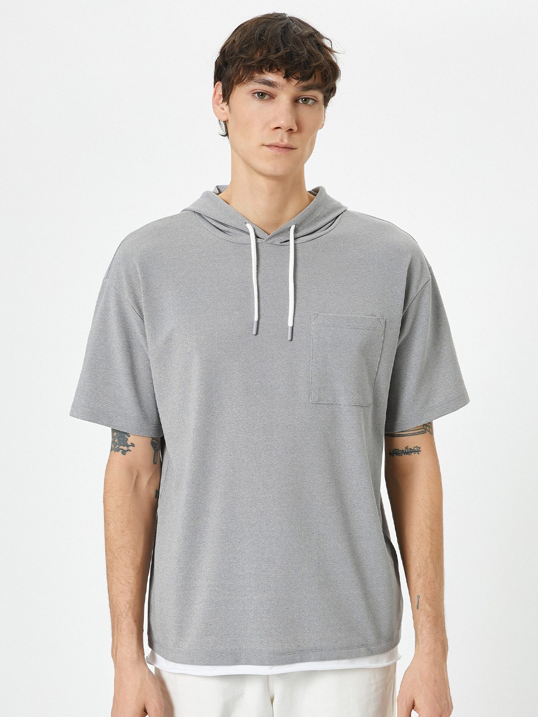 

Koton Hooded Short Sleeves Cotton T-shirt, Grey