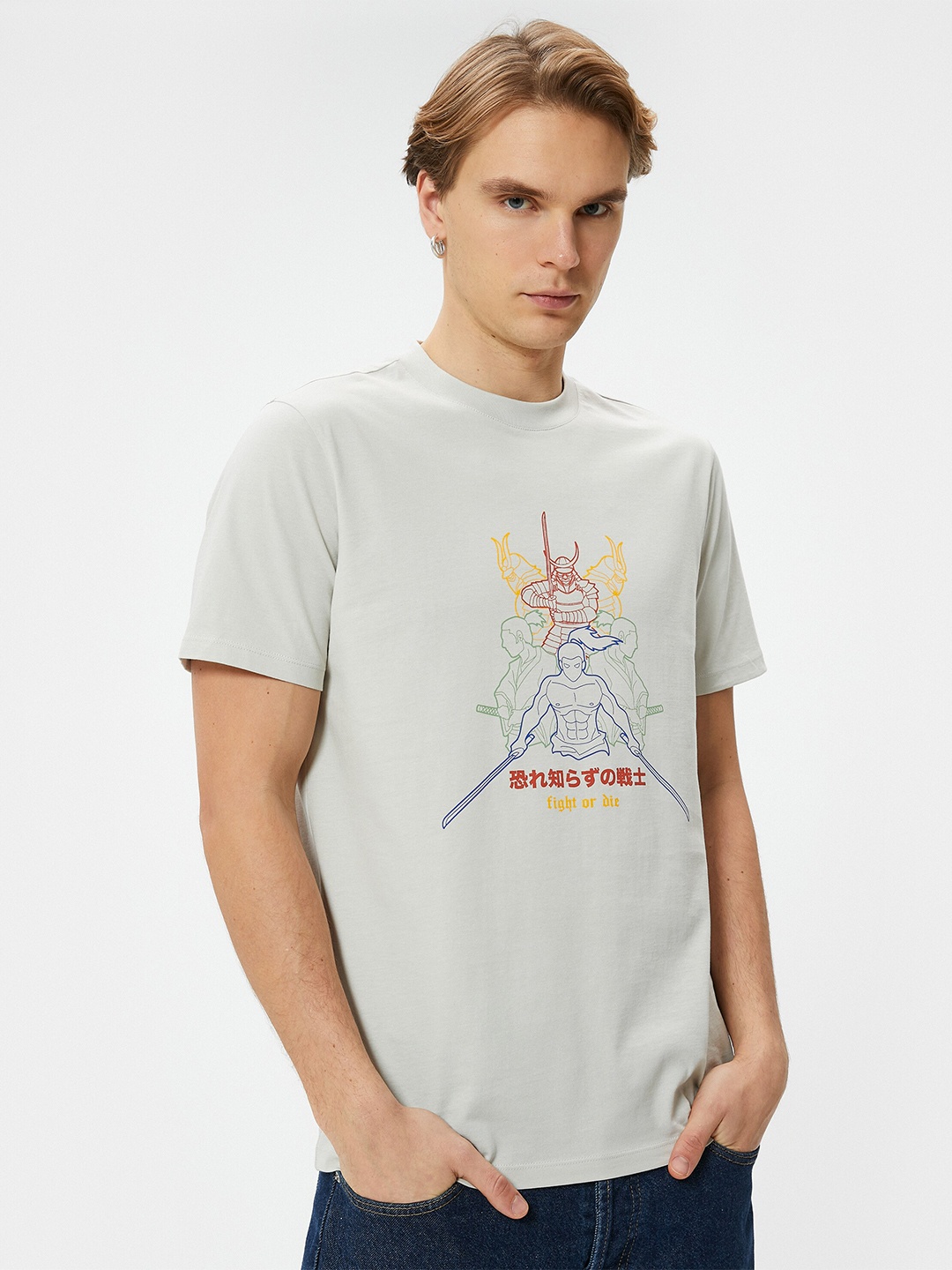 

Koton Round Neck Graphic Printed Cotton T-shirt, Grey