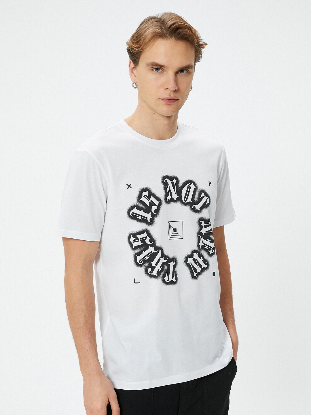 Koton Round Neck Typography Printed Cotton T-shirt, White